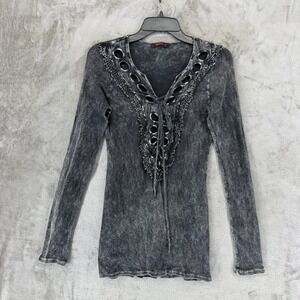 T-Party Womens Gray Acid Wash Lace Up Beaded Grommet‎ Long Sleeve Top 4S35381 L